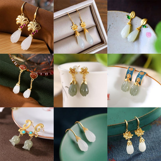 Hetian jade magnolia plant exquisite earrings