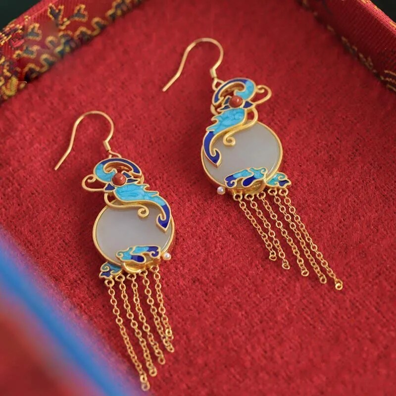 Natural Hetian  jade enamel porcelain Earrings