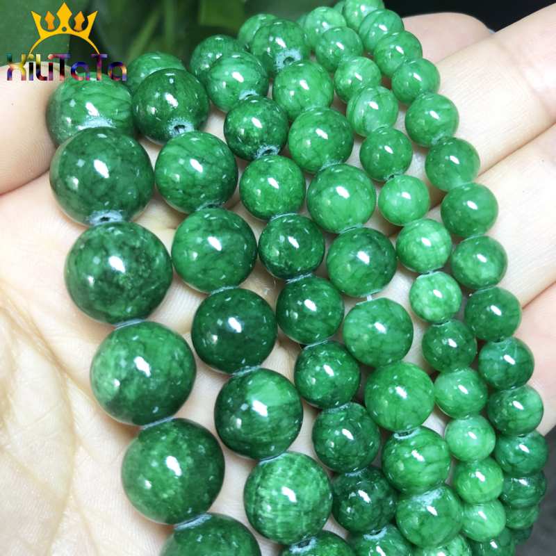Natural Green Jades Beads Round Stone Jewelry