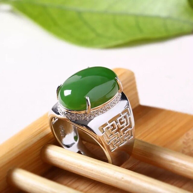 Silver inlaid natural jade Jasper men's ring