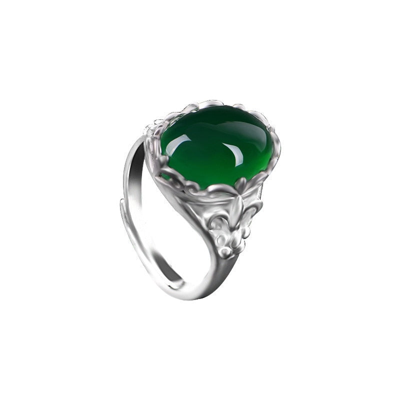 Natural Green Jade Ring 925 Silver Jadeite Chalcedony