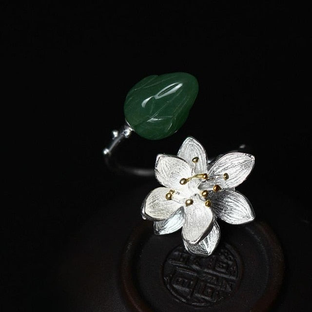 Lotus Flower jade  Open Rings Style Lady fine flyleaf