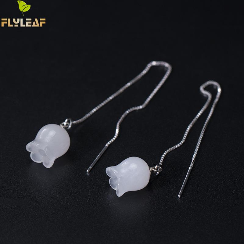Flyleaf Gold Long Drop Earrings White Jade Wind Chimes