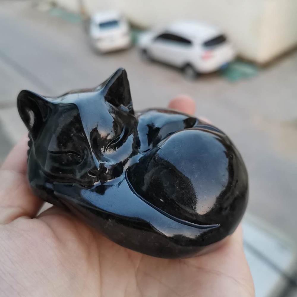 Obsidian Sleeping Cat Carved Rock Crystal Statue