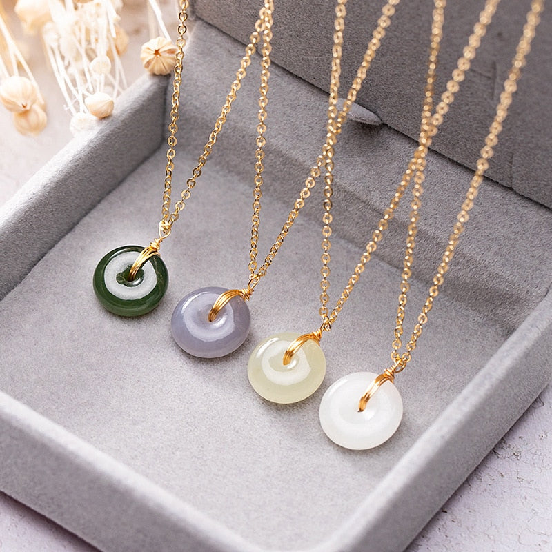 Natural Stone Nephrite Pendant Filled Chain Circle