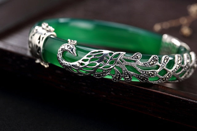 Real 925 Sterling Silver Peacock Bangles Jade Fine
