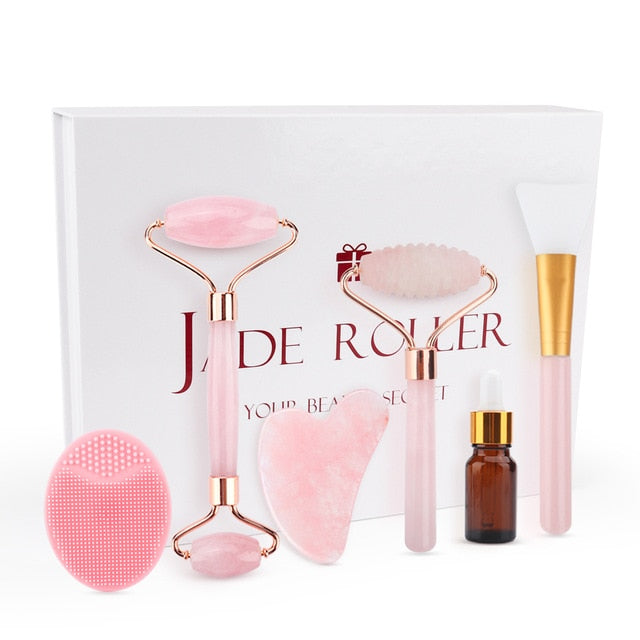 Rose Jade Roller Gua Sha Set Facial Massager Brush Natural