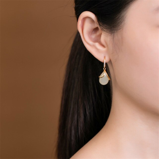 Water Drop Natural Jade Elegant Earrings Crystals