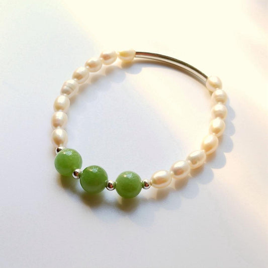Green Jade Freshwater Pearl 925 Sterling Silver Elastic Bracelet