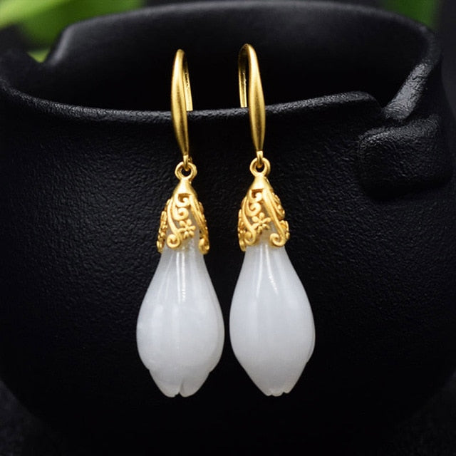 925 sterling silver Jade jewelry gold earrings
