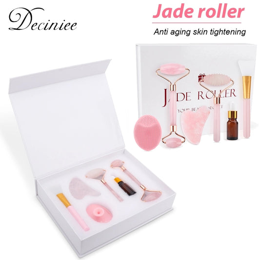 Rose Jade Roller Gua Sha Set Facial Massager Brush Natural