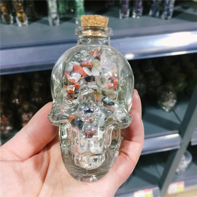 Creative Skull Shape Glass Bottle Natural Tumbled Stone