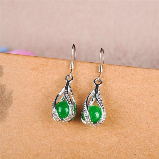 Natural Green Jade Round Bead Drop Earrings