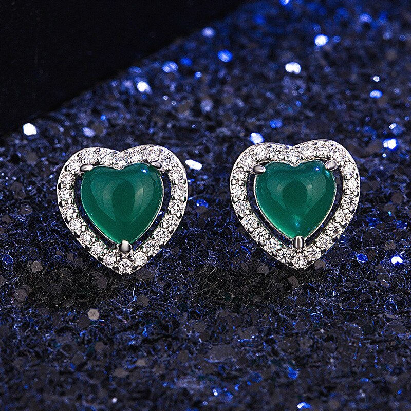 Natural Green Jade Chalcedony Heart-shaped Earrings