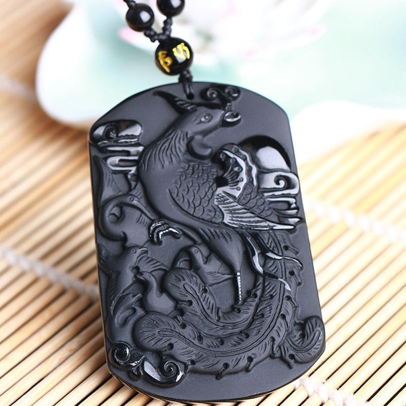 Natural Black Obsidian Pendant Amulet Phoenix Necklace