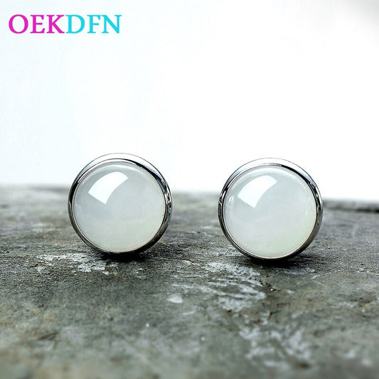 Stud Earrings Round Natural Hetian Jade Gemstone