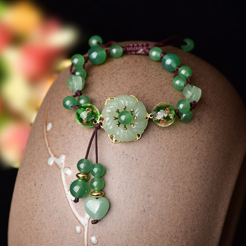 Retro Green Jade Dongling  Flower Adjustable Bracelet