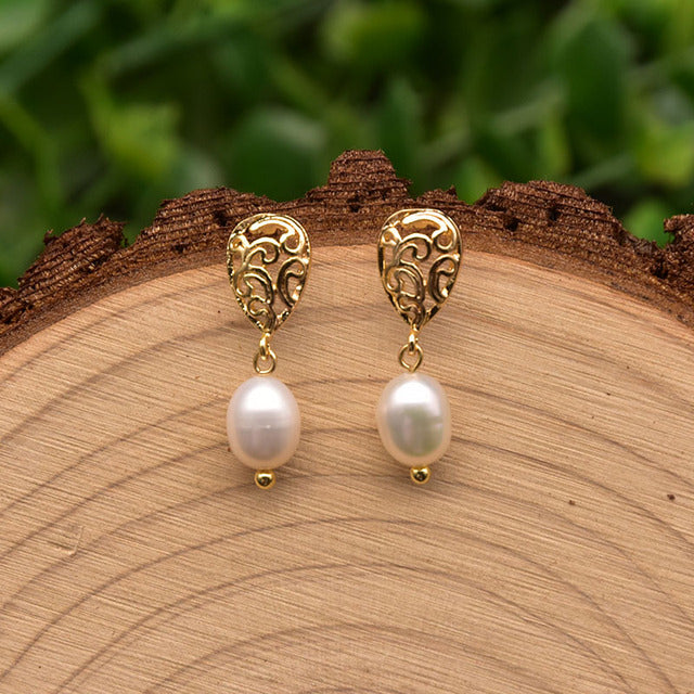 Natural Pearls Hollow Jade Lace Drop Earrings