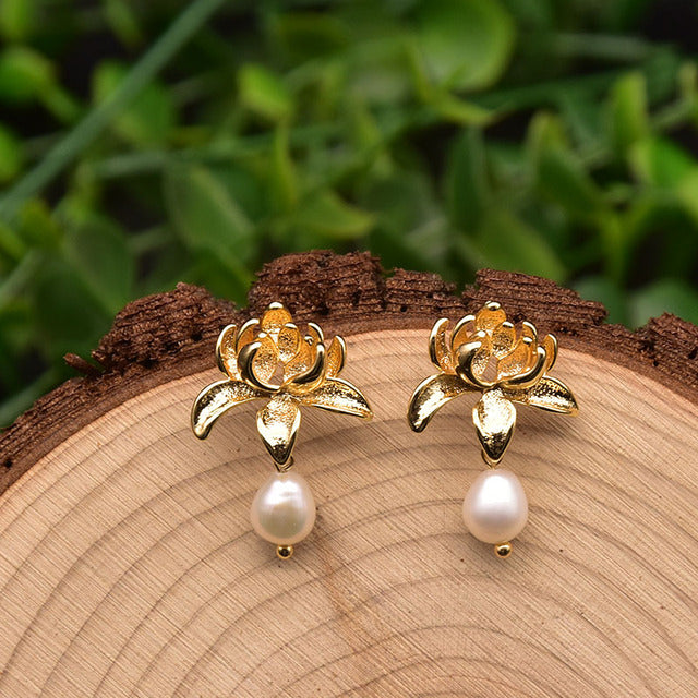 Natural Pearls Hollow Jade Lace Drop Earrings